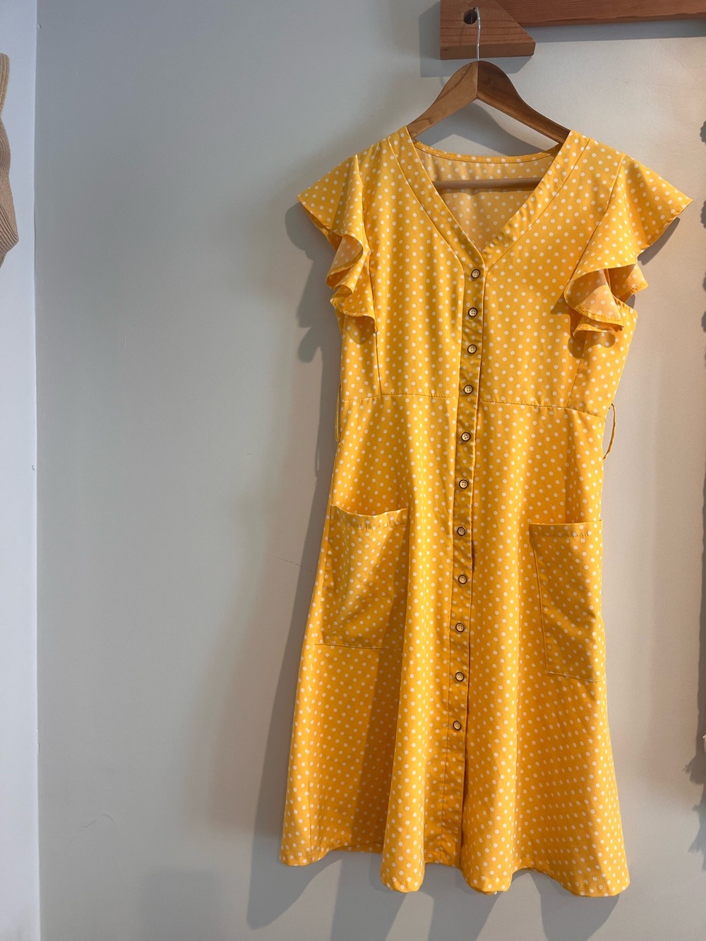 yellow polka-dot  summer dress MEDIUM A Line Flutter Sleeves Retro A Line Swing